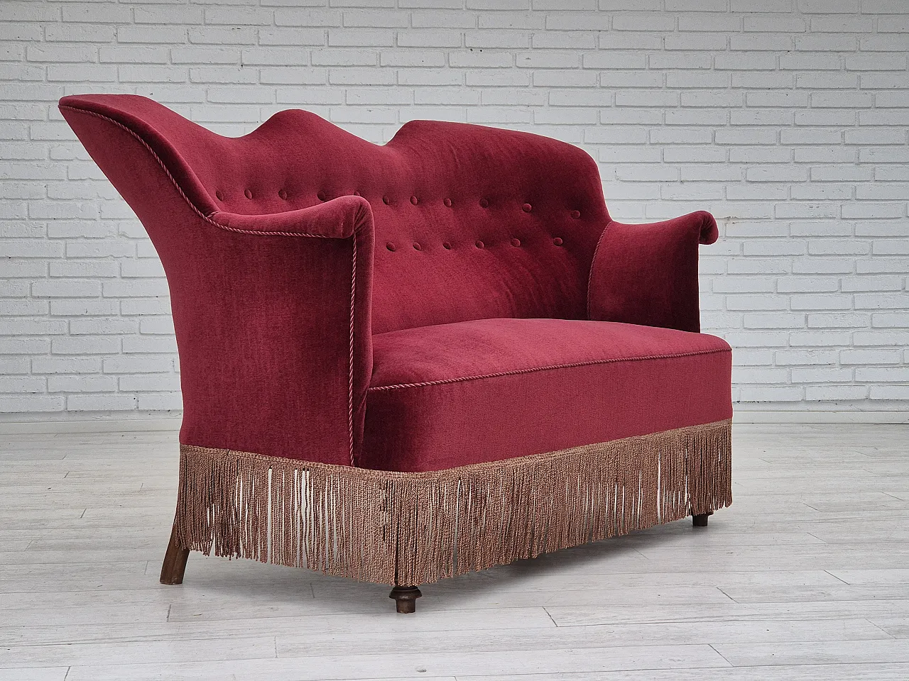 Danish 2-seater sofa, cherry-red furniture velour, ash wood, 50s 5