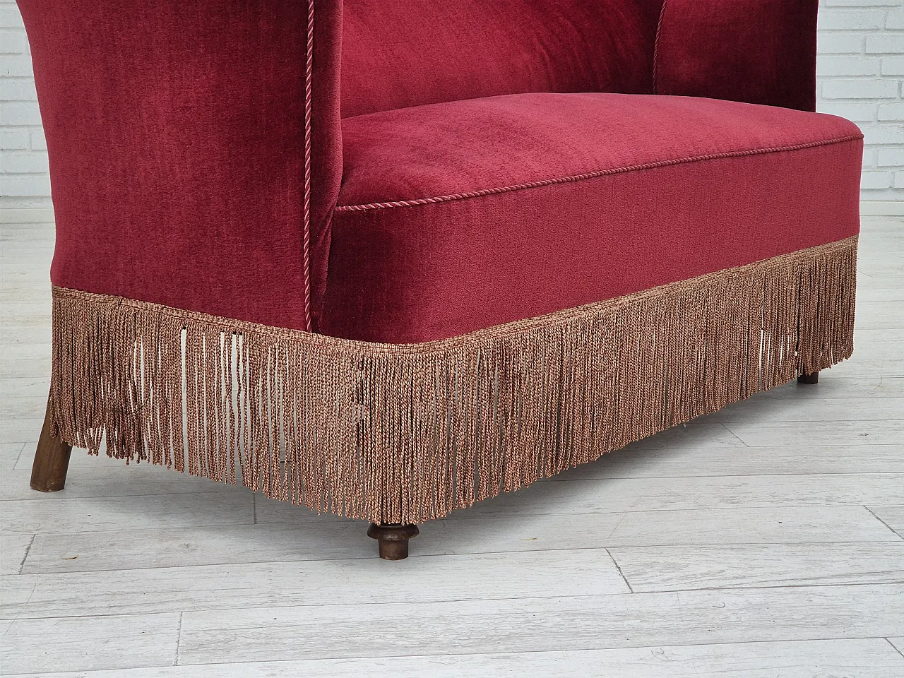 Danish 2-seater sofa, cherry-red furniture velour, ash wood, 50s 6