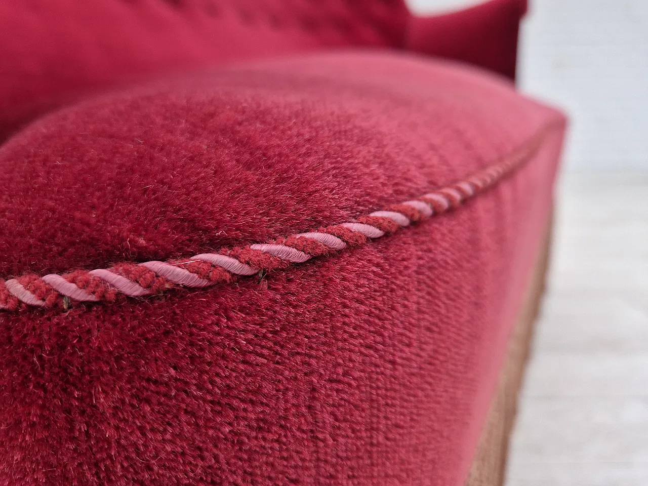 Danish 2-seater sofa, cherry-red furniture velour, ash wood, 50s 7