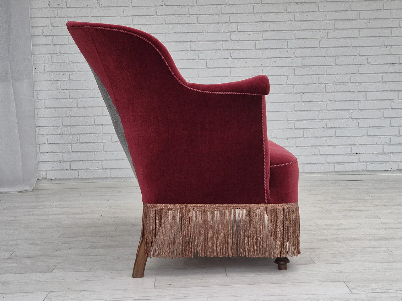 Danish 2-seater sofa, cherry-red furniture velour, ash wood, 50s 8