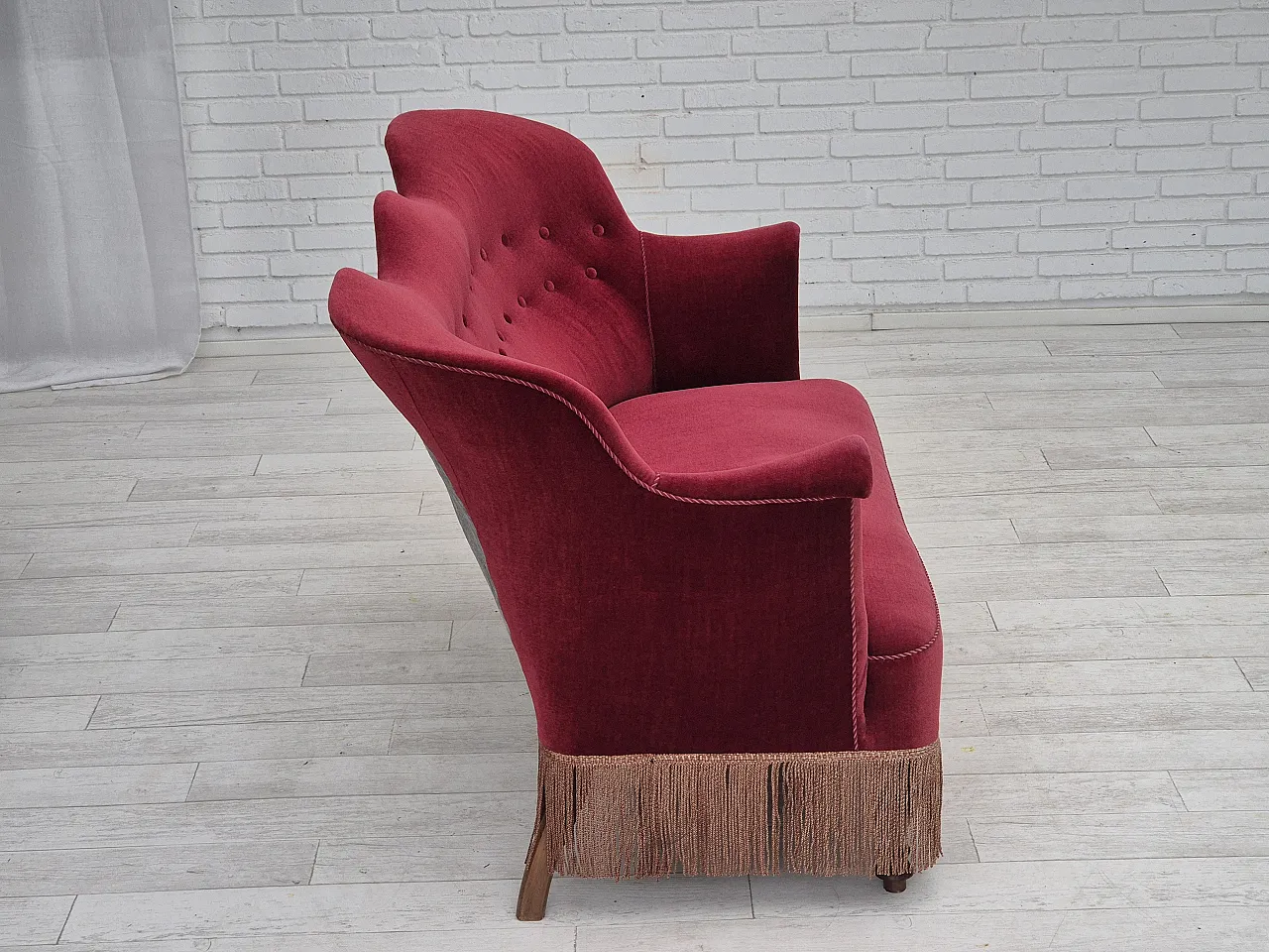 Danish 2-seater sofa, cherry-red furniture velour, ash wood, 50s 9