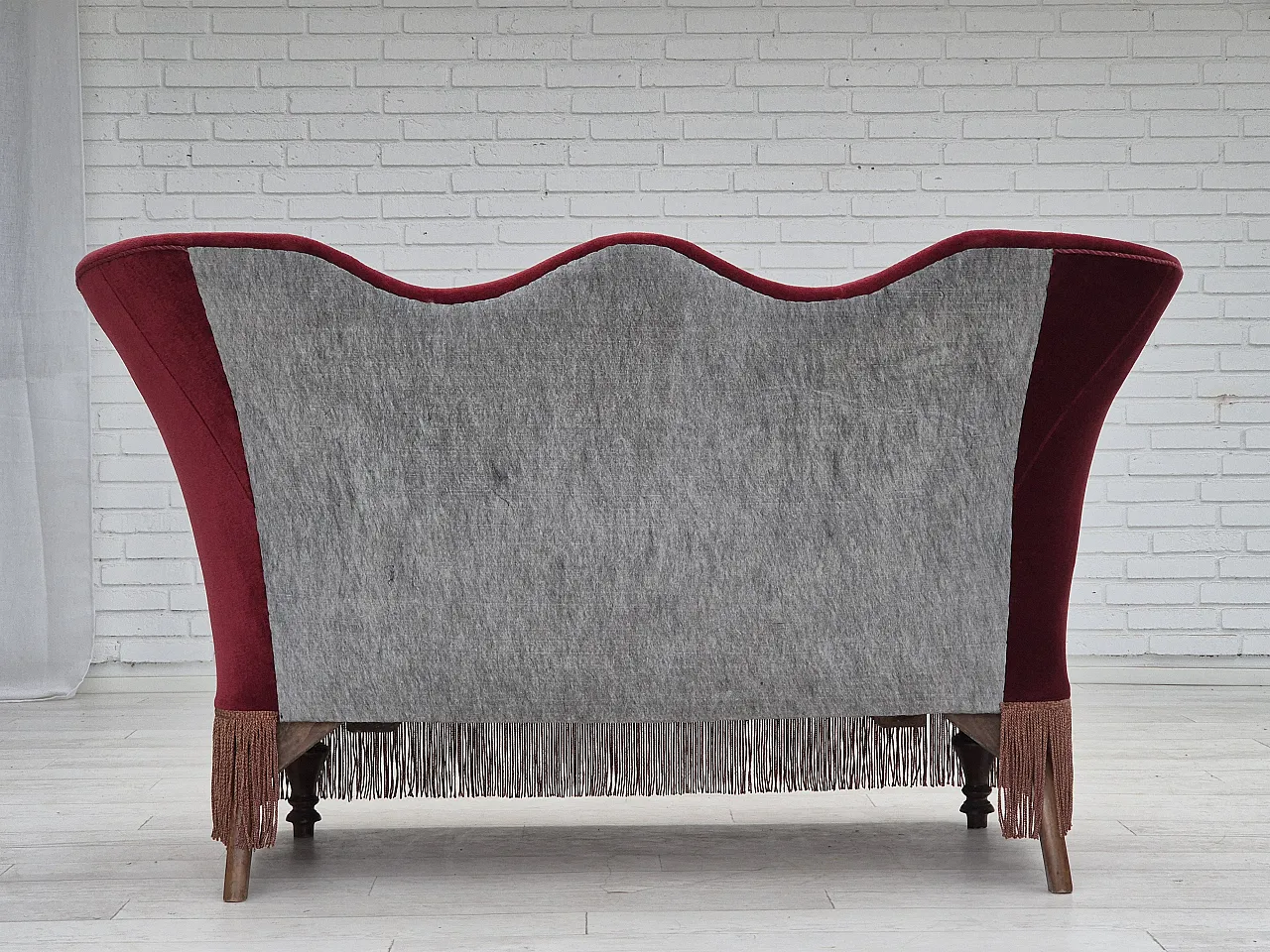 Danish 2-seater sofa, cherry-red furniture velour, ash wood, 50s 11