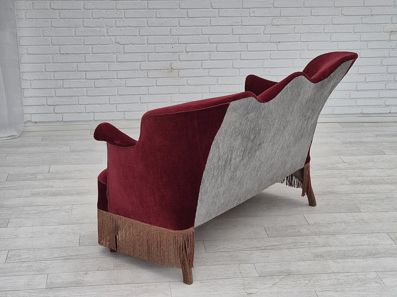 Danish 2-seater sofa, cherry-red furniture velour, ash wood, 50s 12