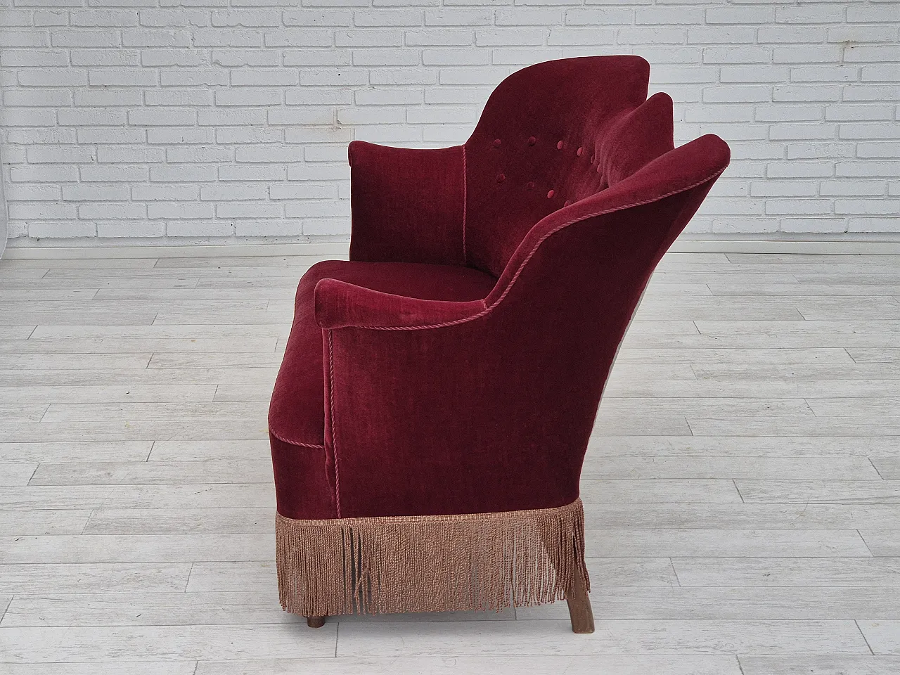 Danish 2-seater sofa, cherry-red furniture velour, ash wood, 50s 14