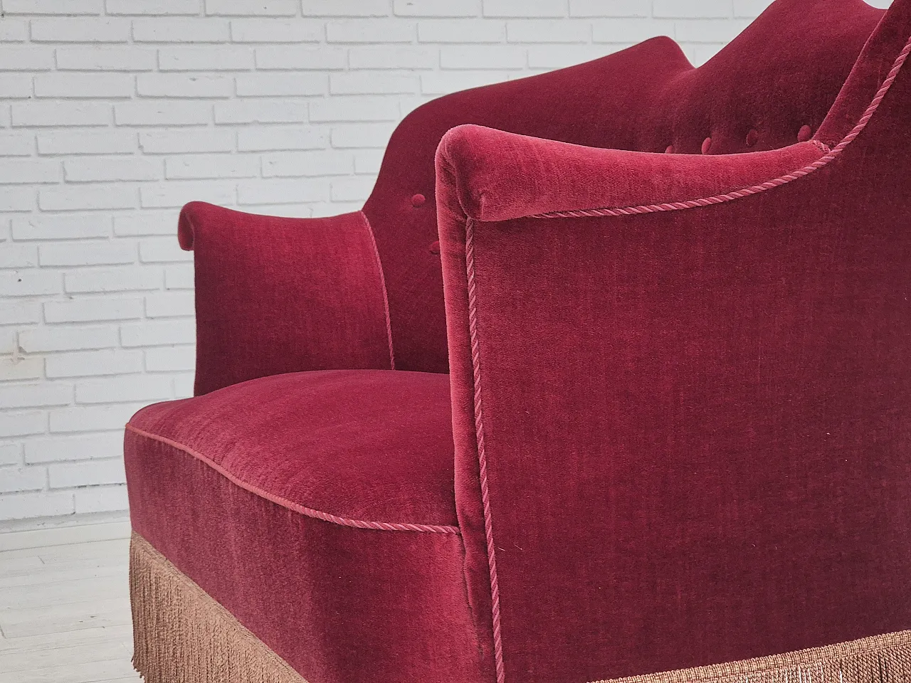 Danish 2-seater sofa, cherry-red furniture velour, ash wood, 50s 16