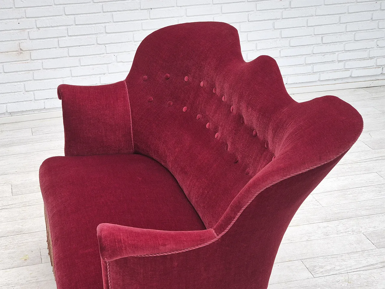 Danish 2-seater sofa, cherry-red furniture velour, ash wood, 50s 17