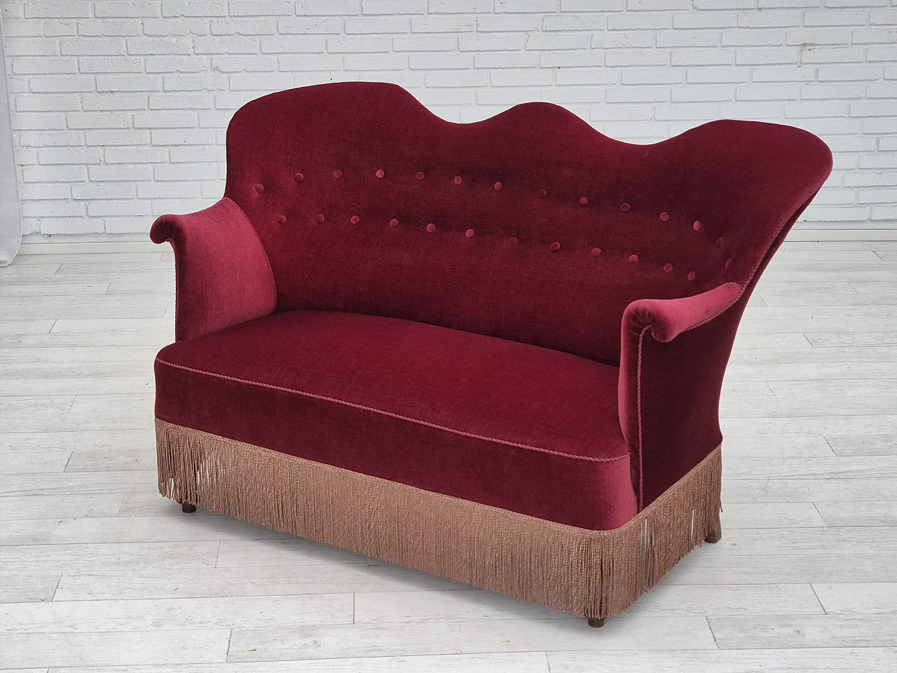 Danish 2-seater sofa, cherry-red furniture velour, ash wood, 50s 18