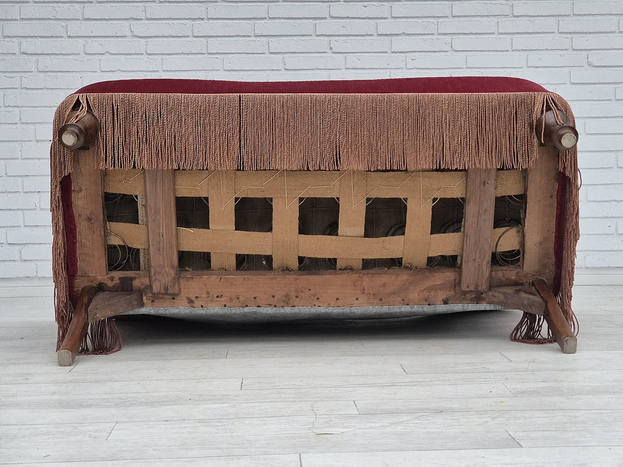 Danish 2-seater sofa, cherry-red furniture velour, ash wood, 50s 19