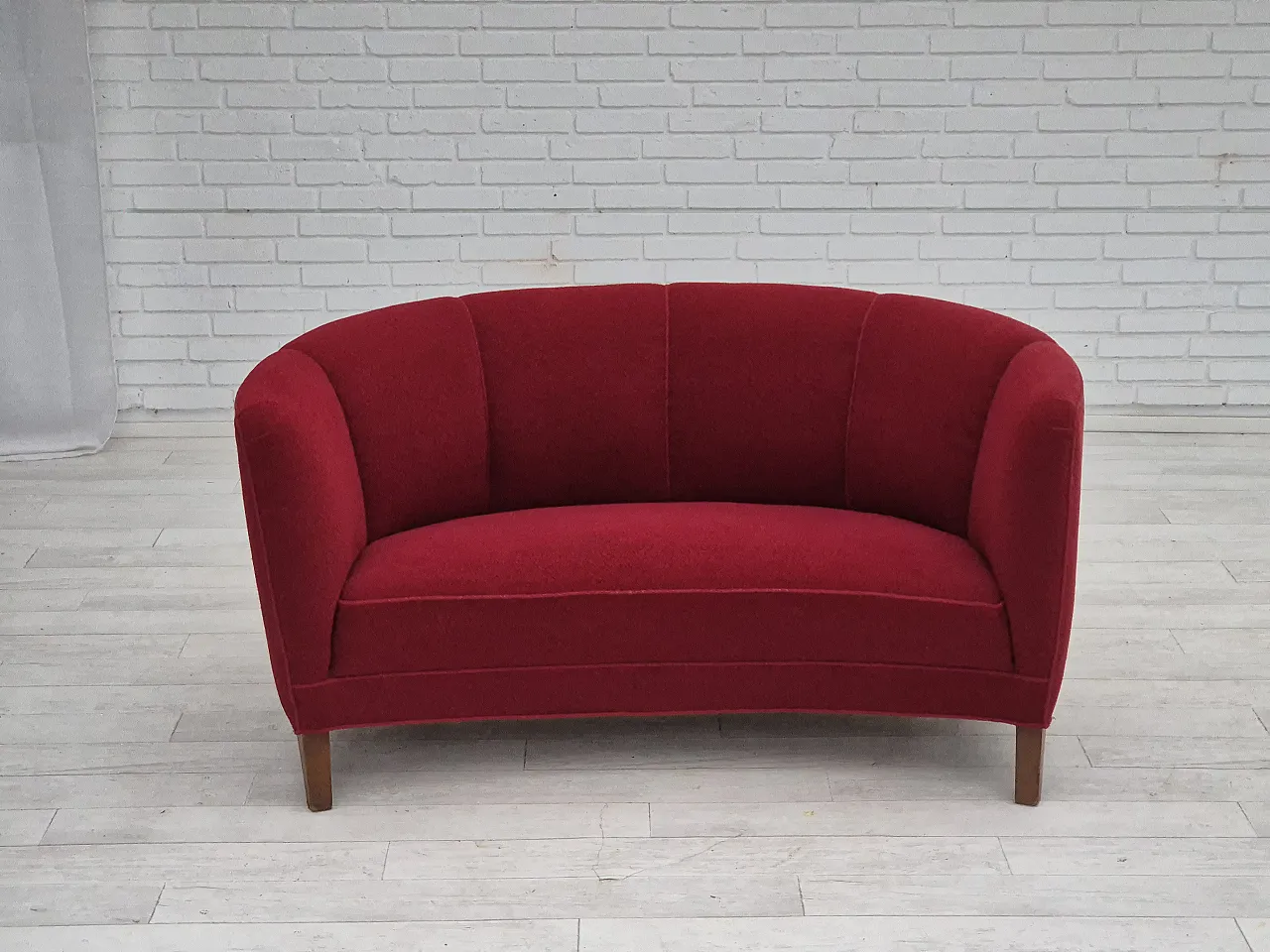 Danish 2-seater curved sofa, original red furniture fabric, 60s 1