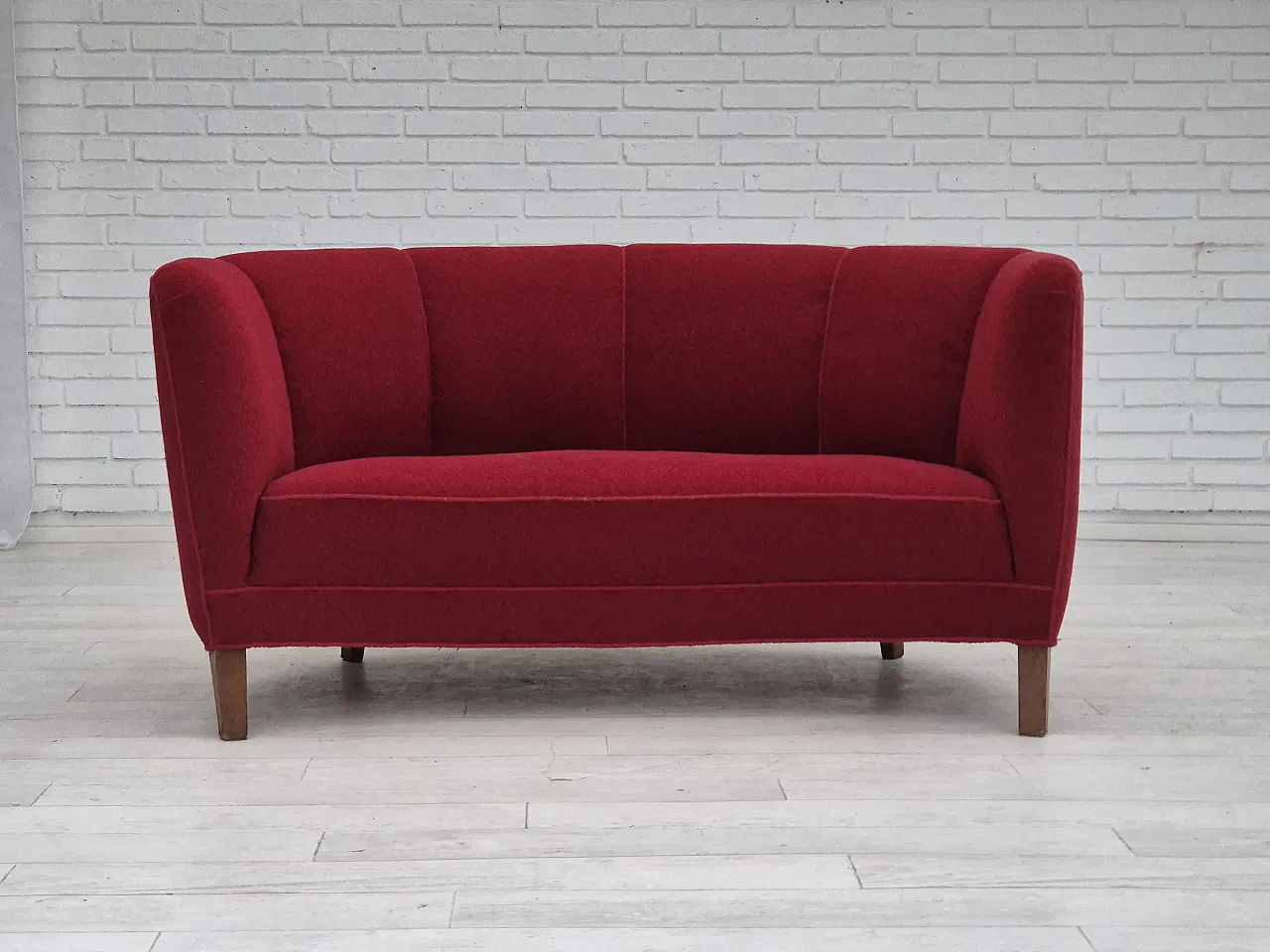 Danish 2-seater curved sofa, original red furniture fabric, 60s 2