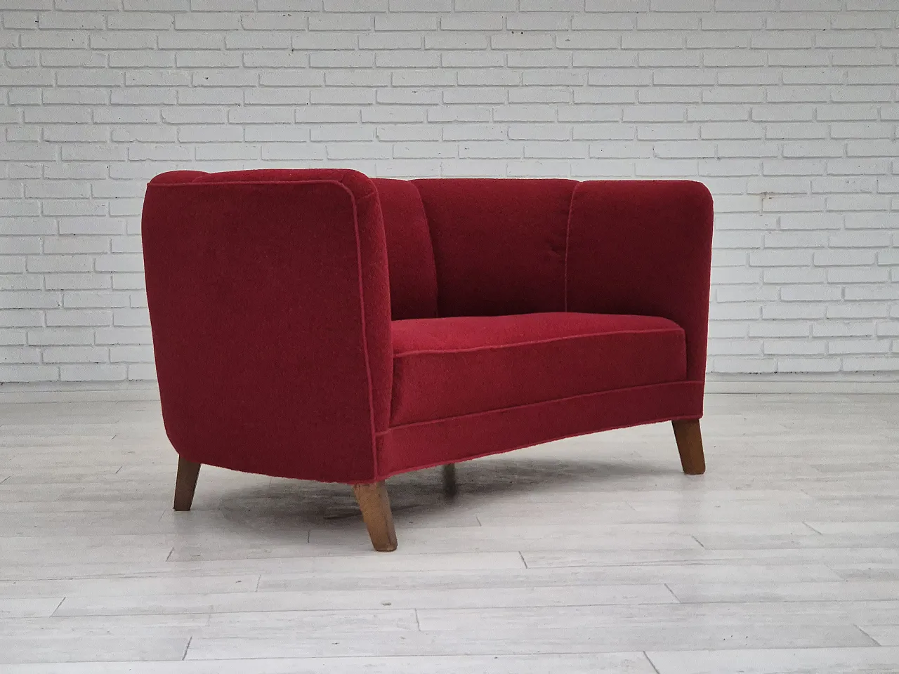 Danish 2-seater curved sofa, original red furniture fabric, 60s 4