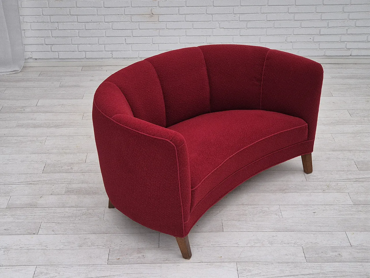 Danish 2-seater curved sofa, original red furniture fabric, 60s 5