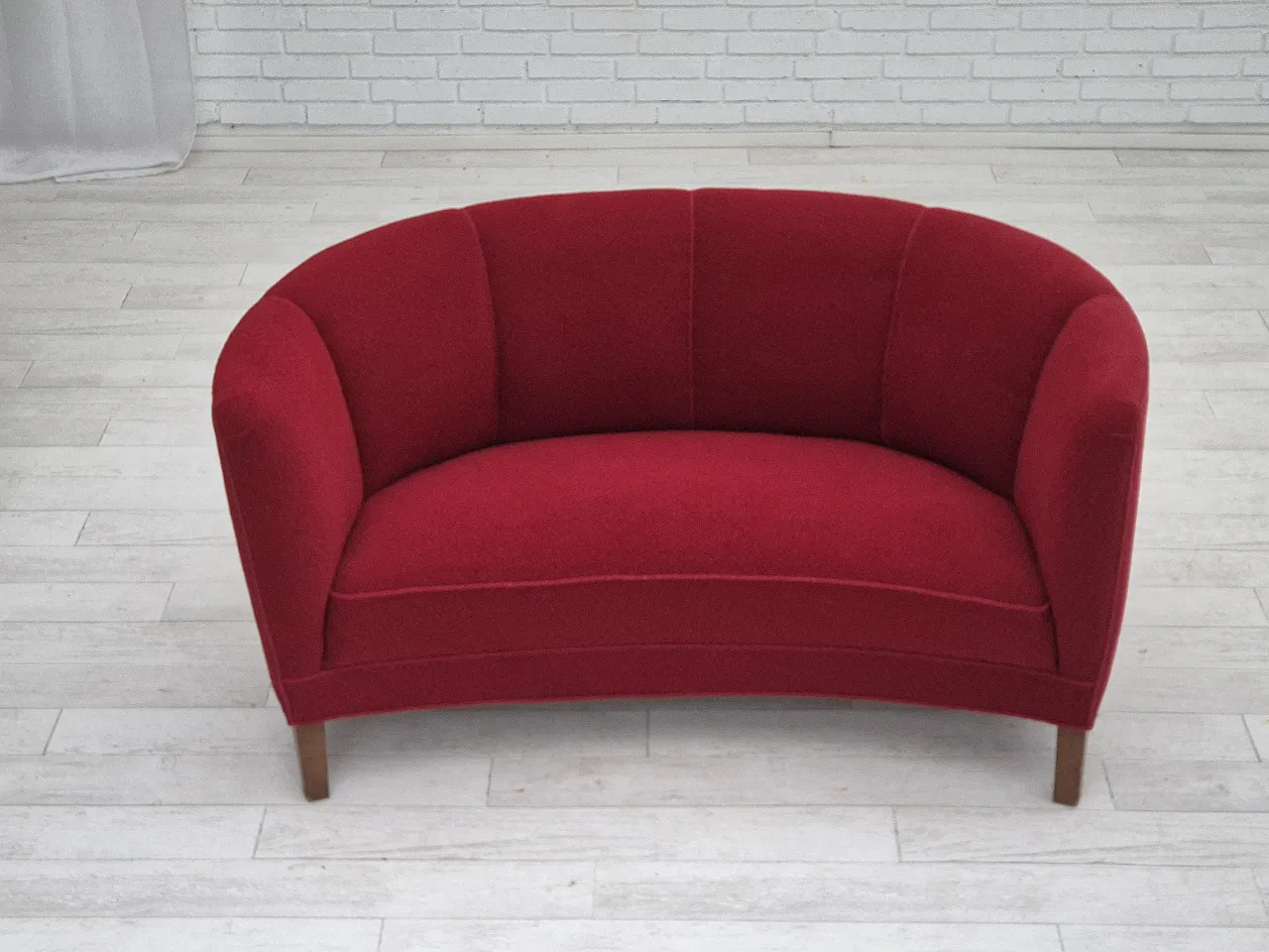 Danish 2-seater curved sofa, original red furniture fabric, 60s 6