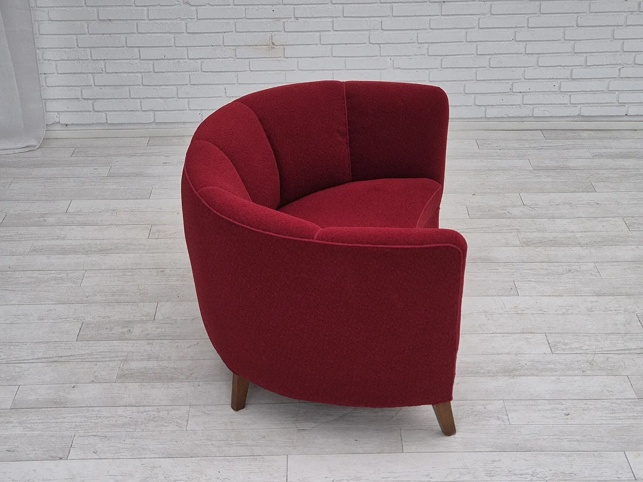 Danish 2-seater curved sofa, original red furniture fabric, 60s 9