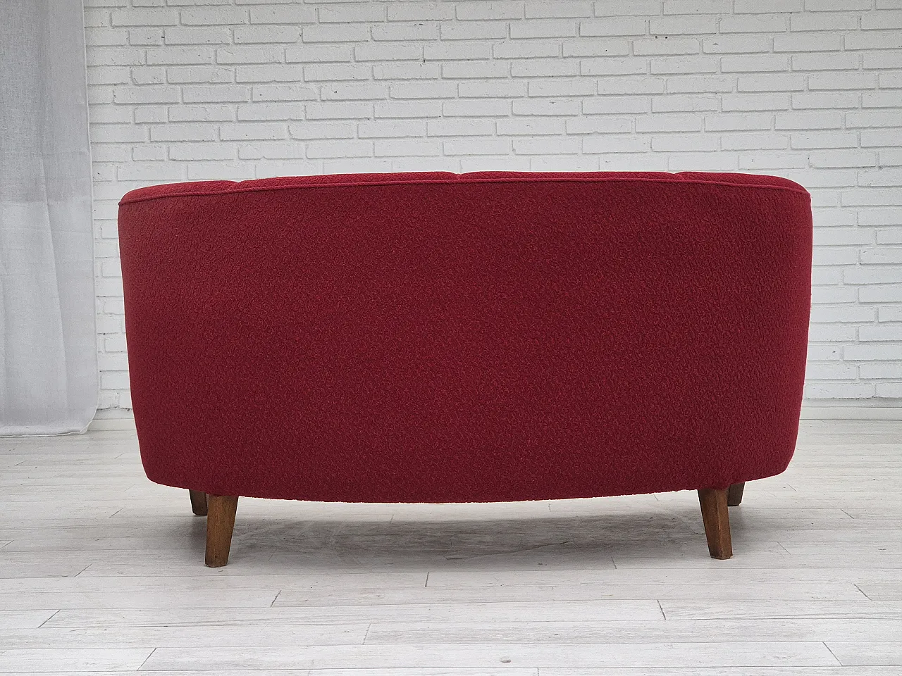 Danish 2-seater curved sofa, original red furniture fabric, 60s 11