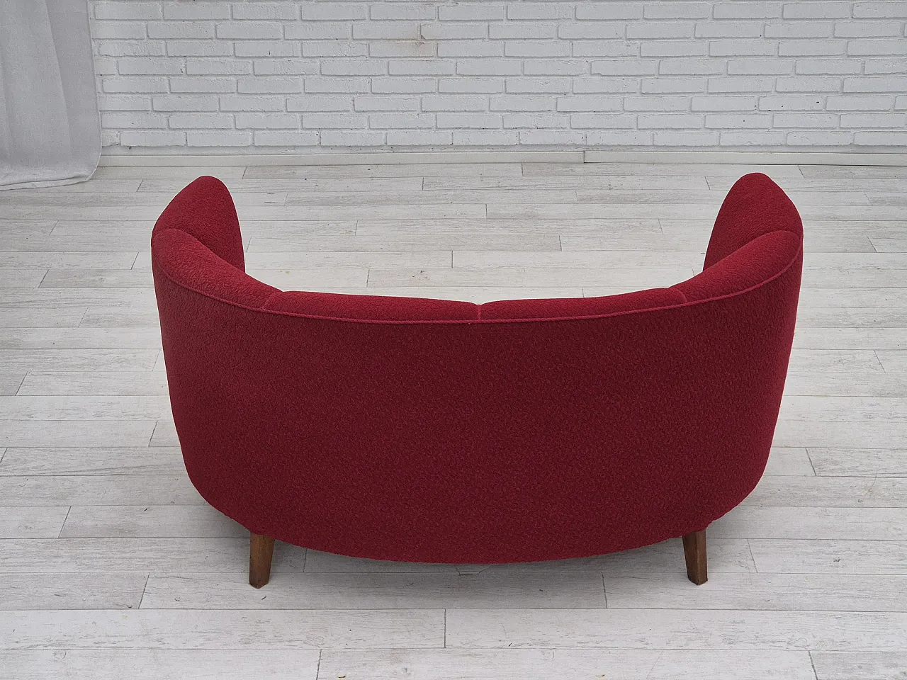 Danish 2-seater curved sofa, original red furniture fabric, 60s 12