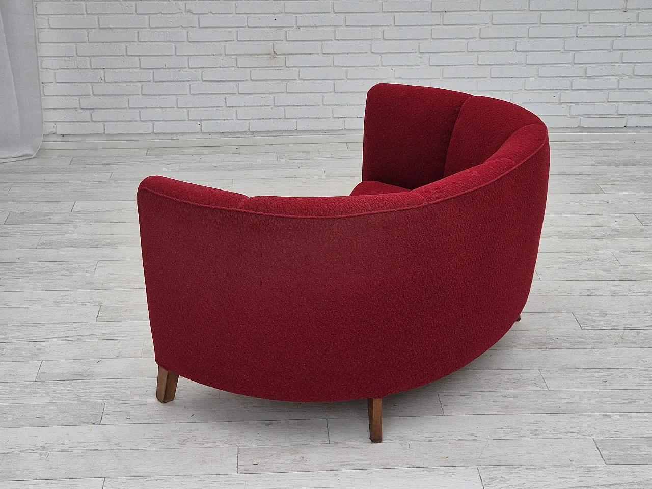 Danish 2-seater curved sofa, original red furniture fabric, 60s 14