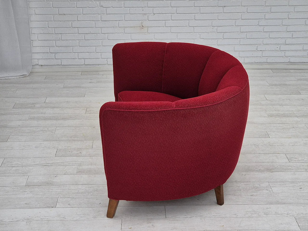 Danish 2-seater curved sofa, original red furniture fabric, 60s 15