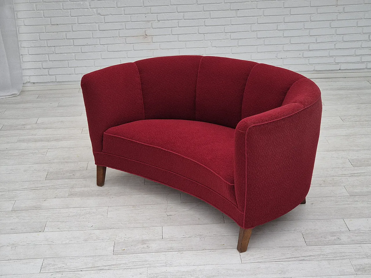 Danish 2-seater curved sofa, original red furniture fabric, 60s 16