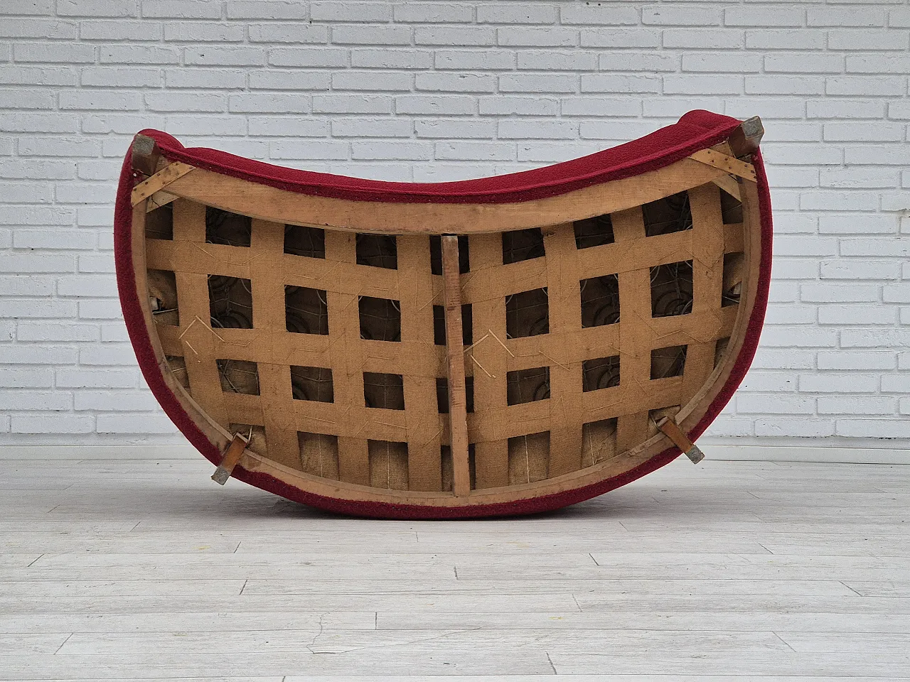 Danish 2-seater curved sofa, original red furniture fabric, 60s 20