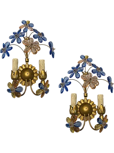 Pair of multicolored Murano glass flower sconces, 70s