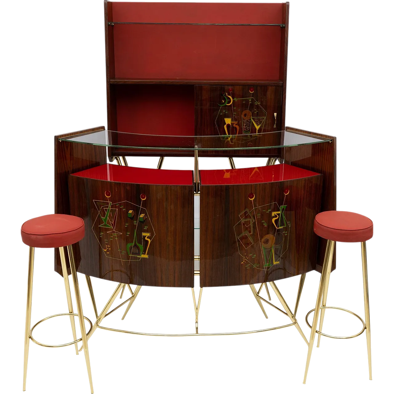 Brass and walnut bar cabinet with 2 stools, 1950s 14