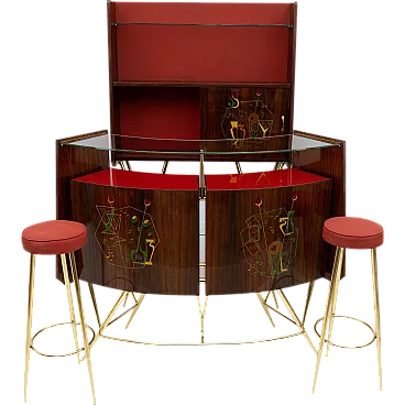 Brass and walnut bar cabinet with 2 stools, 1950s