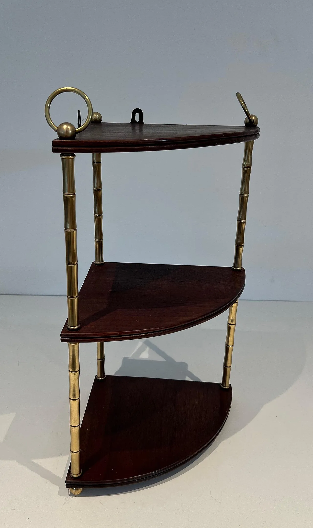 Corner shelf in imitation bamboo, brass and wood, 1940s 4