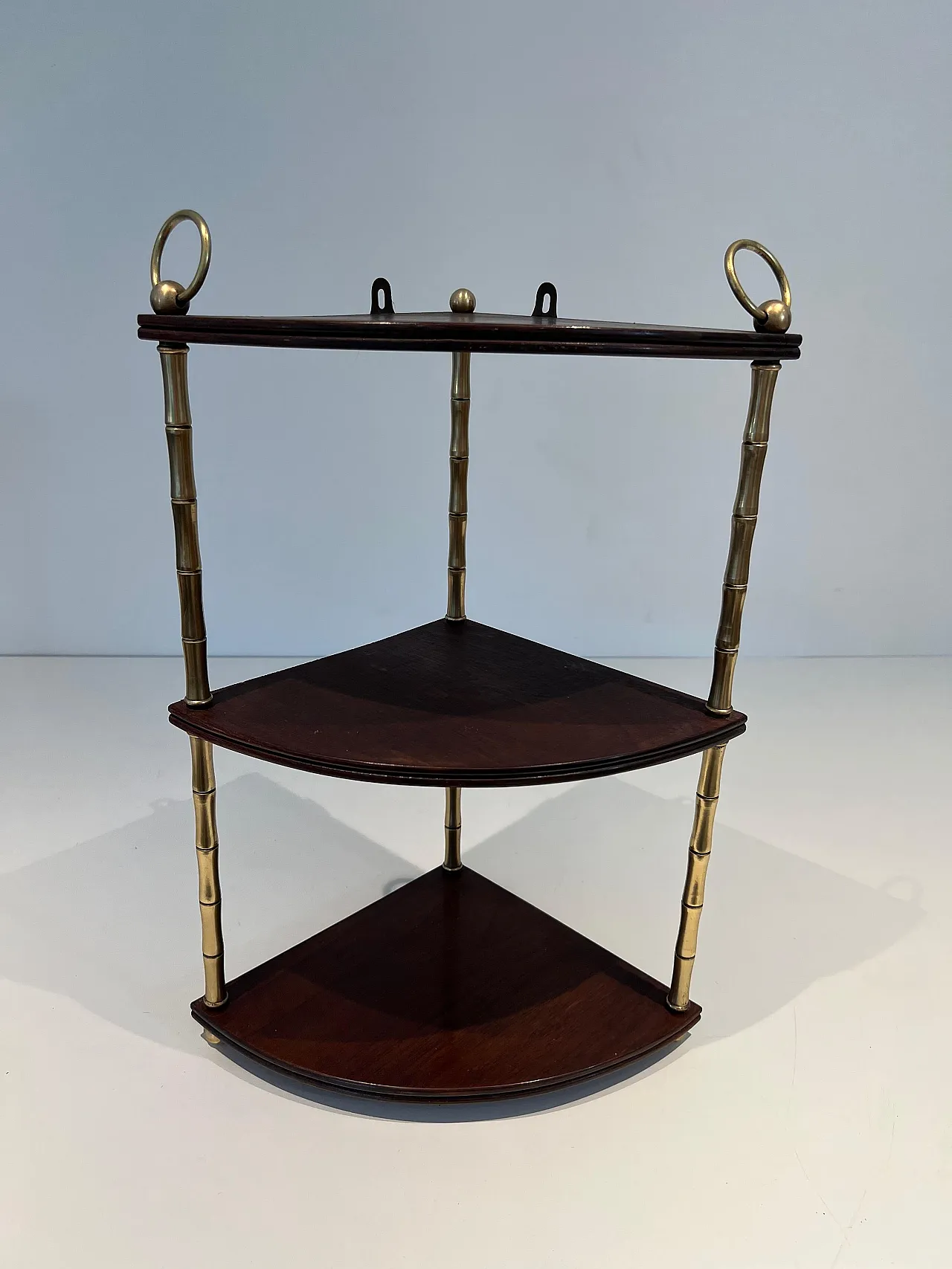 Corner shelf in imitation bamboo, brass and wood, 1940s 9