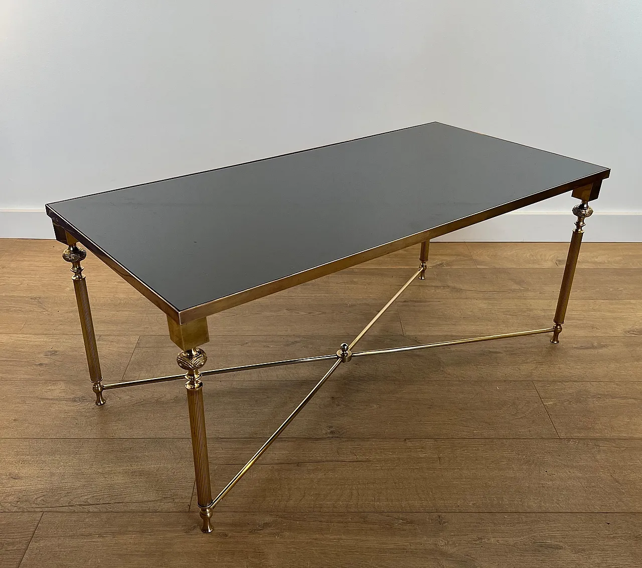 Brass coffee table with lacquered glass top, 1940s 2