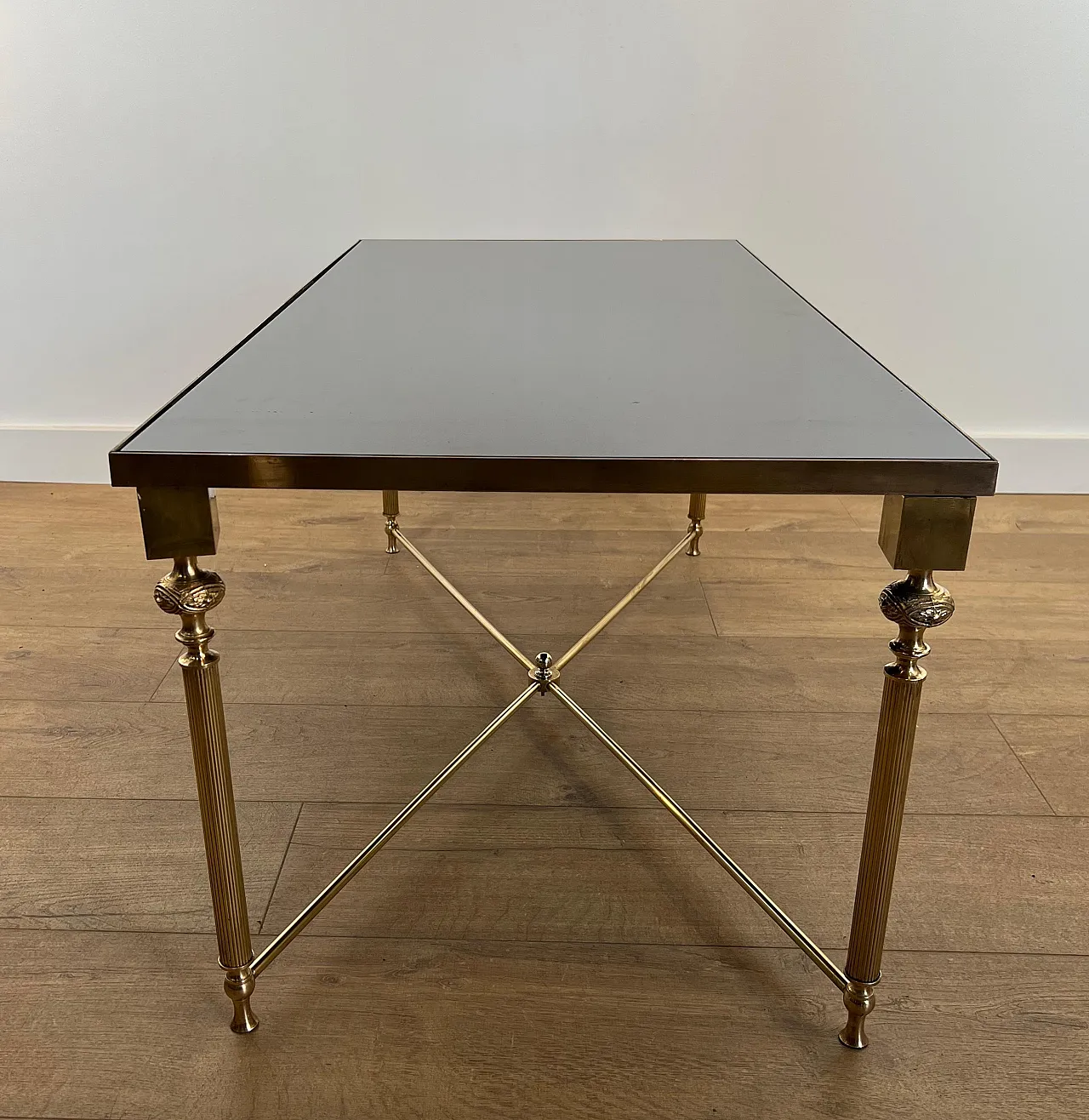 Brass coffee table with lacquered glass top, 1940s 5