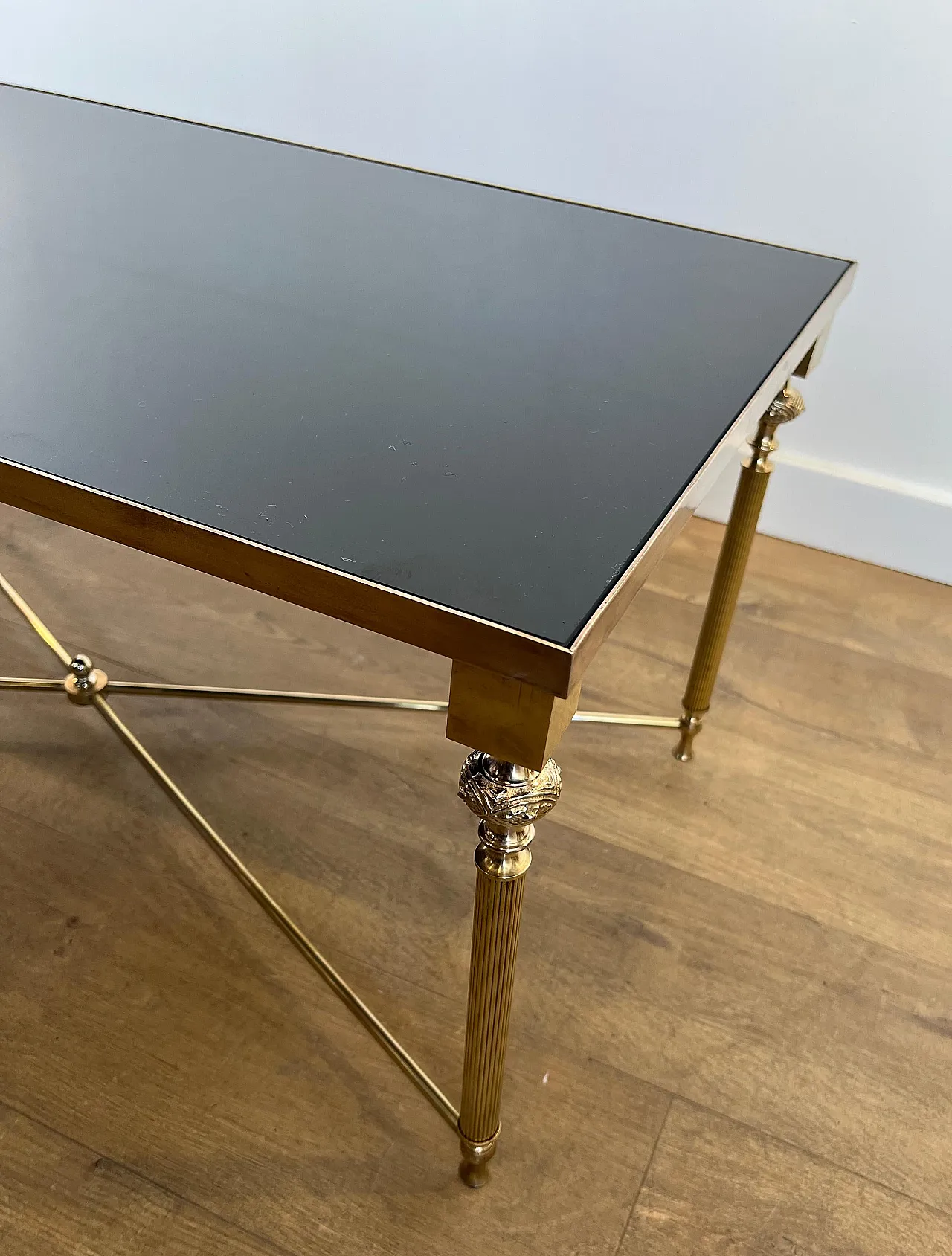 Brass coffee table with lacquered glass top, 1940s 8