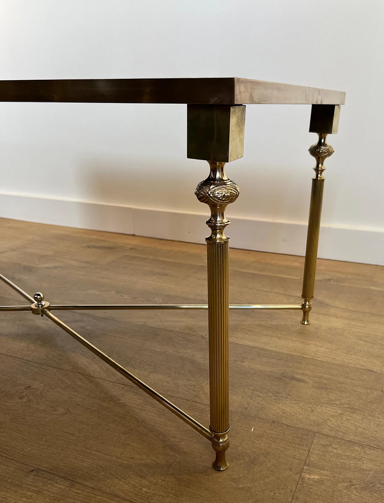 Brass coffee table with lacquered glass top, 1940s 9