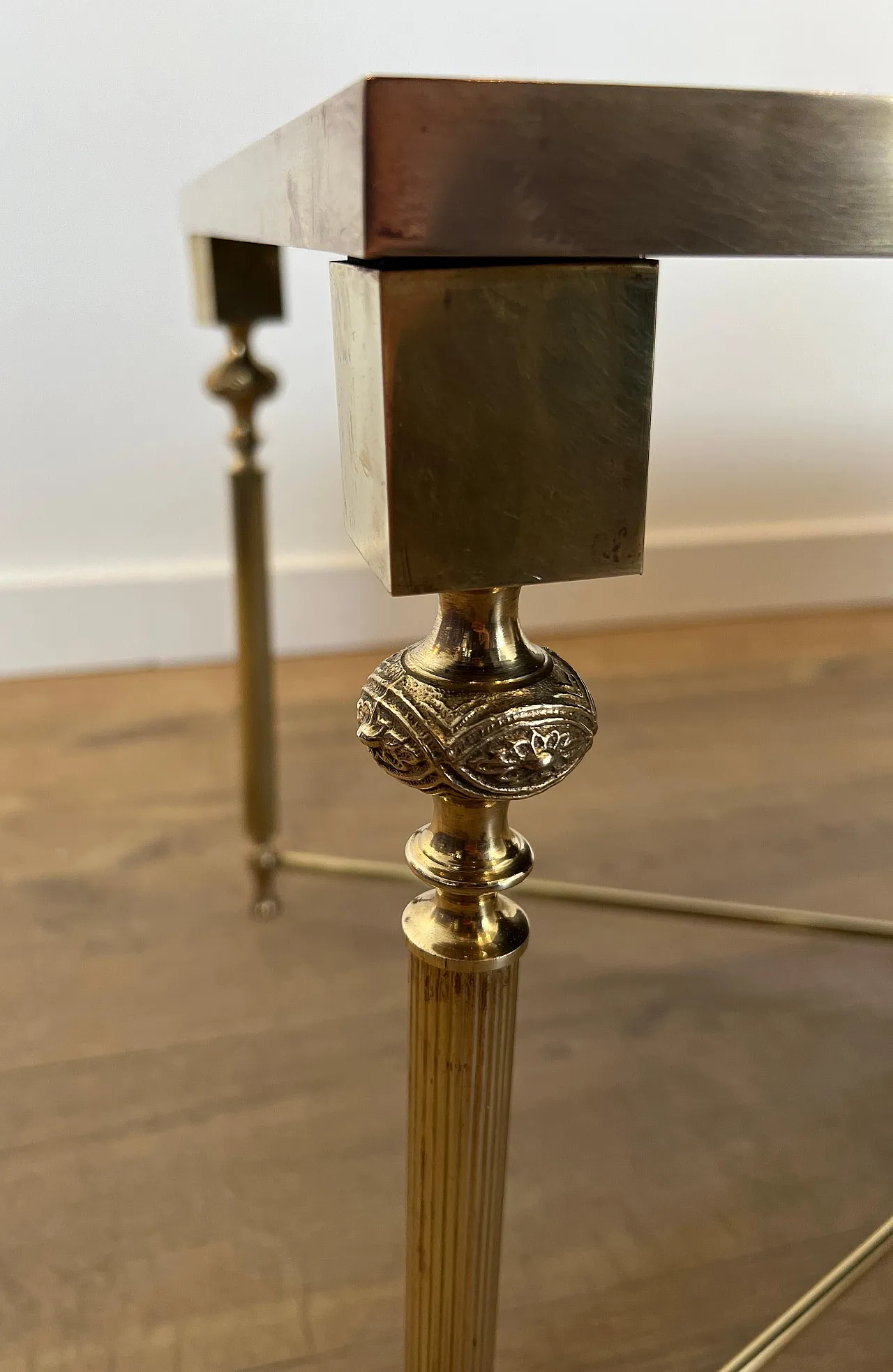 Brass coffee table with lacquered glass top, 1940s 10