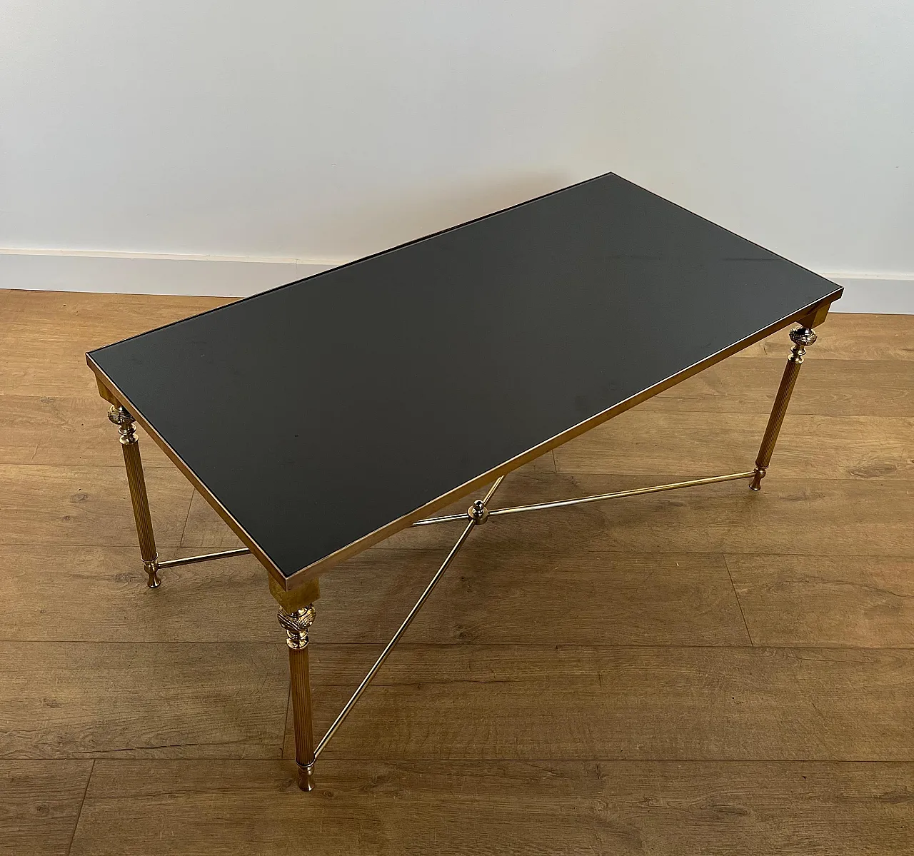 Brass coffee table with lacquered glass top, 1940s 13