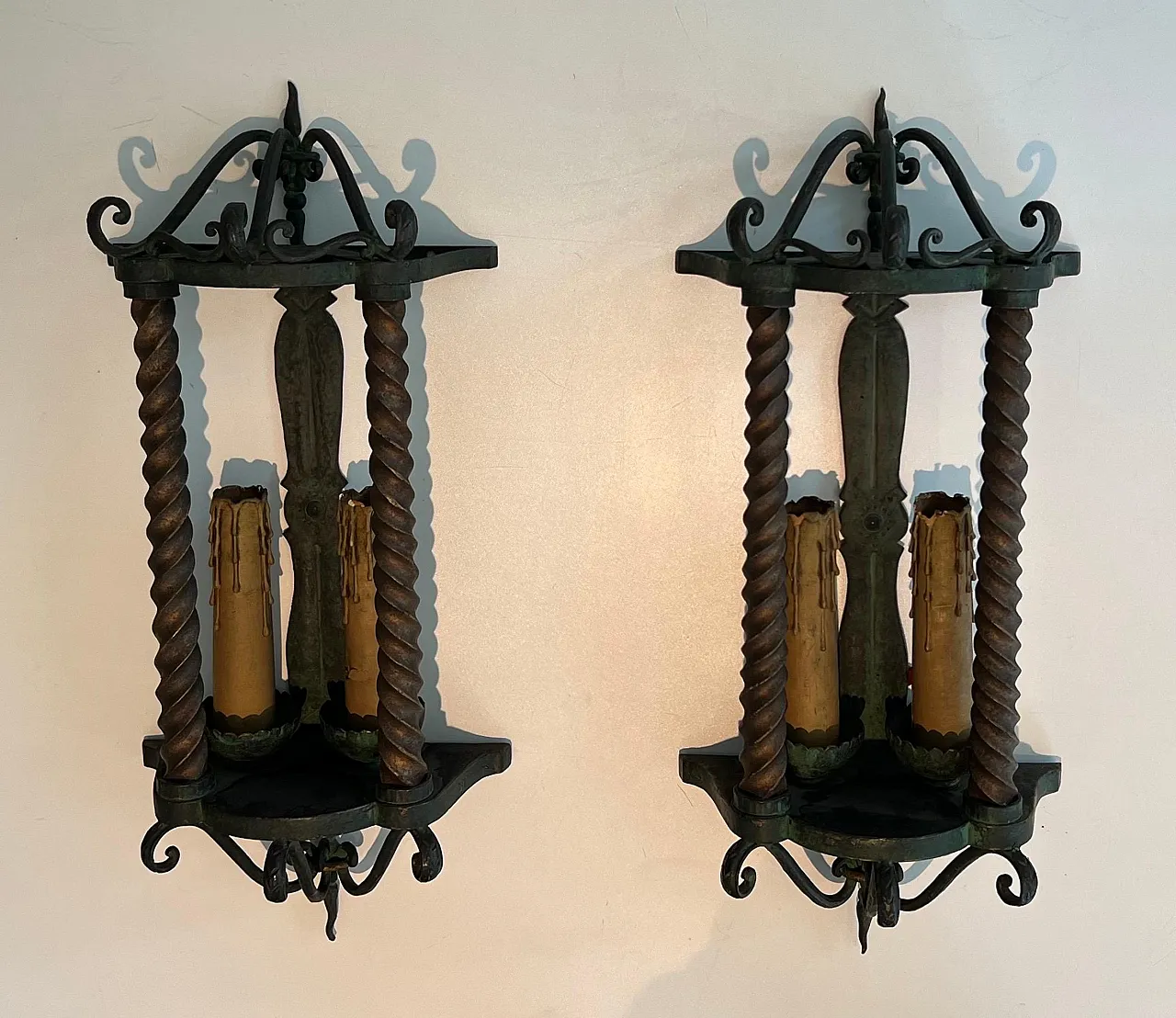 Pair of patinated wrought iron lanterns, 1940s 2