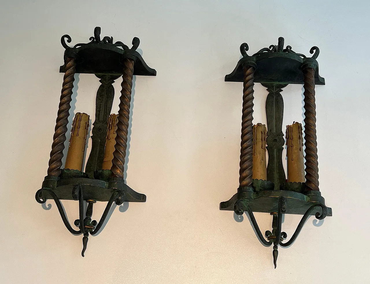 Pair of patinated wrought iron lanterns, 1940s 12