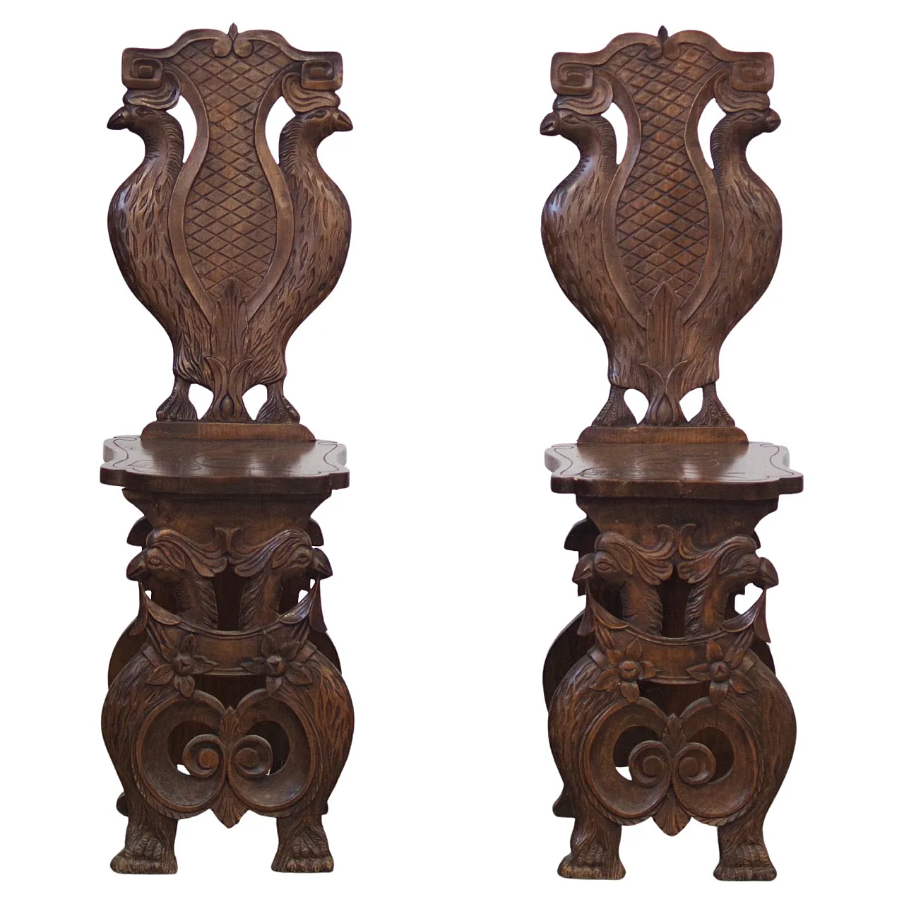 Pair of eclectic hand-carved wooden chairs, 19th Century 1