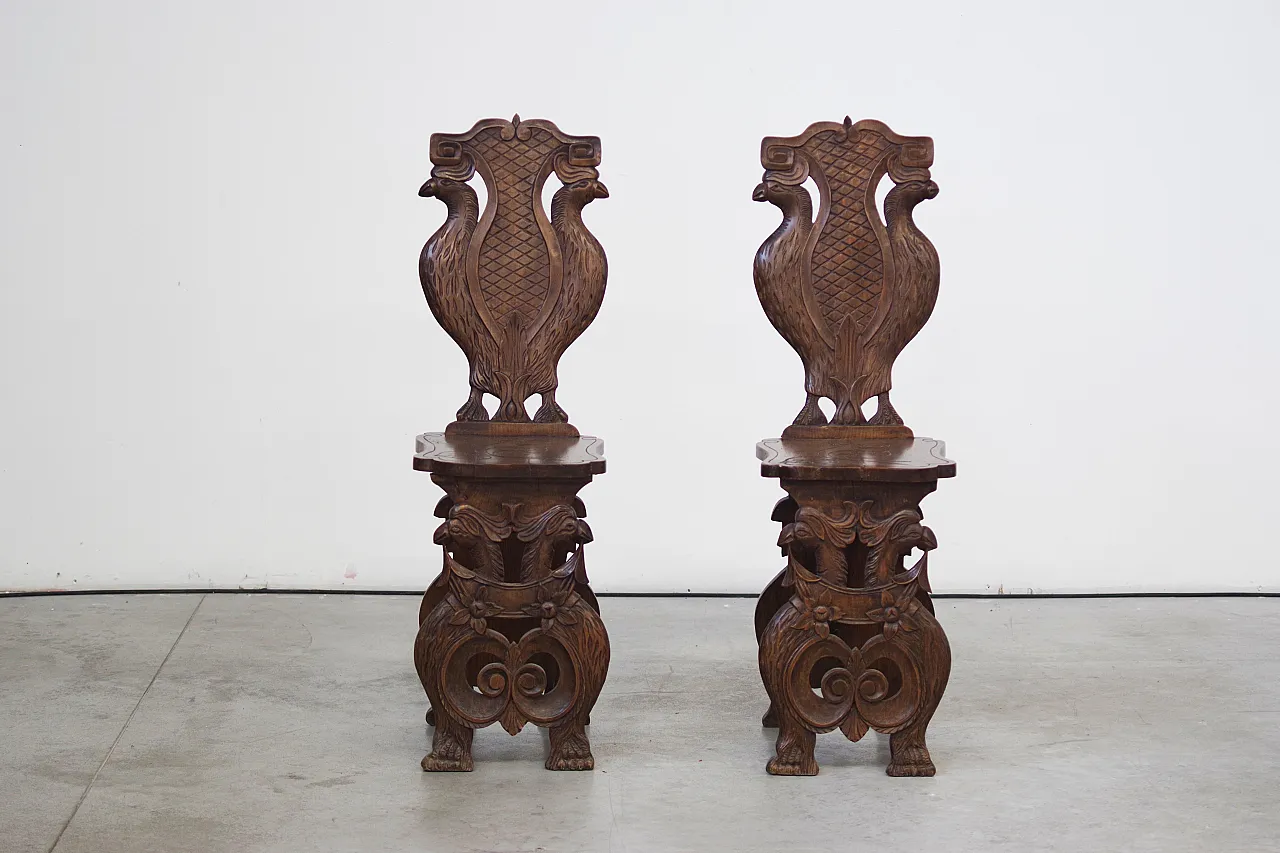 Pair of eclectic hand-carved wooden chairs, 19th Century 2