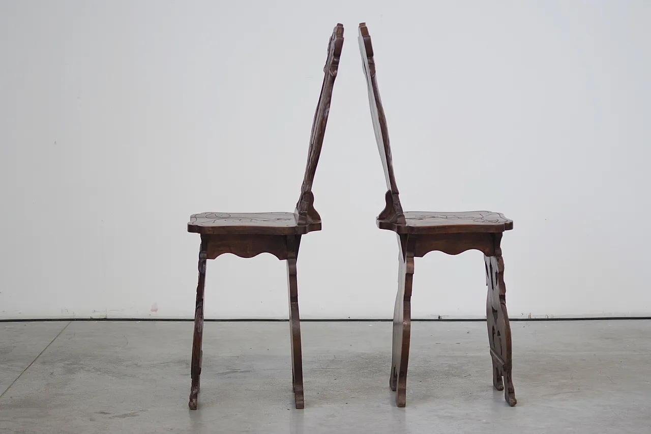 Pair of eclectic hand-carved wooden chairs, 19th Century 3