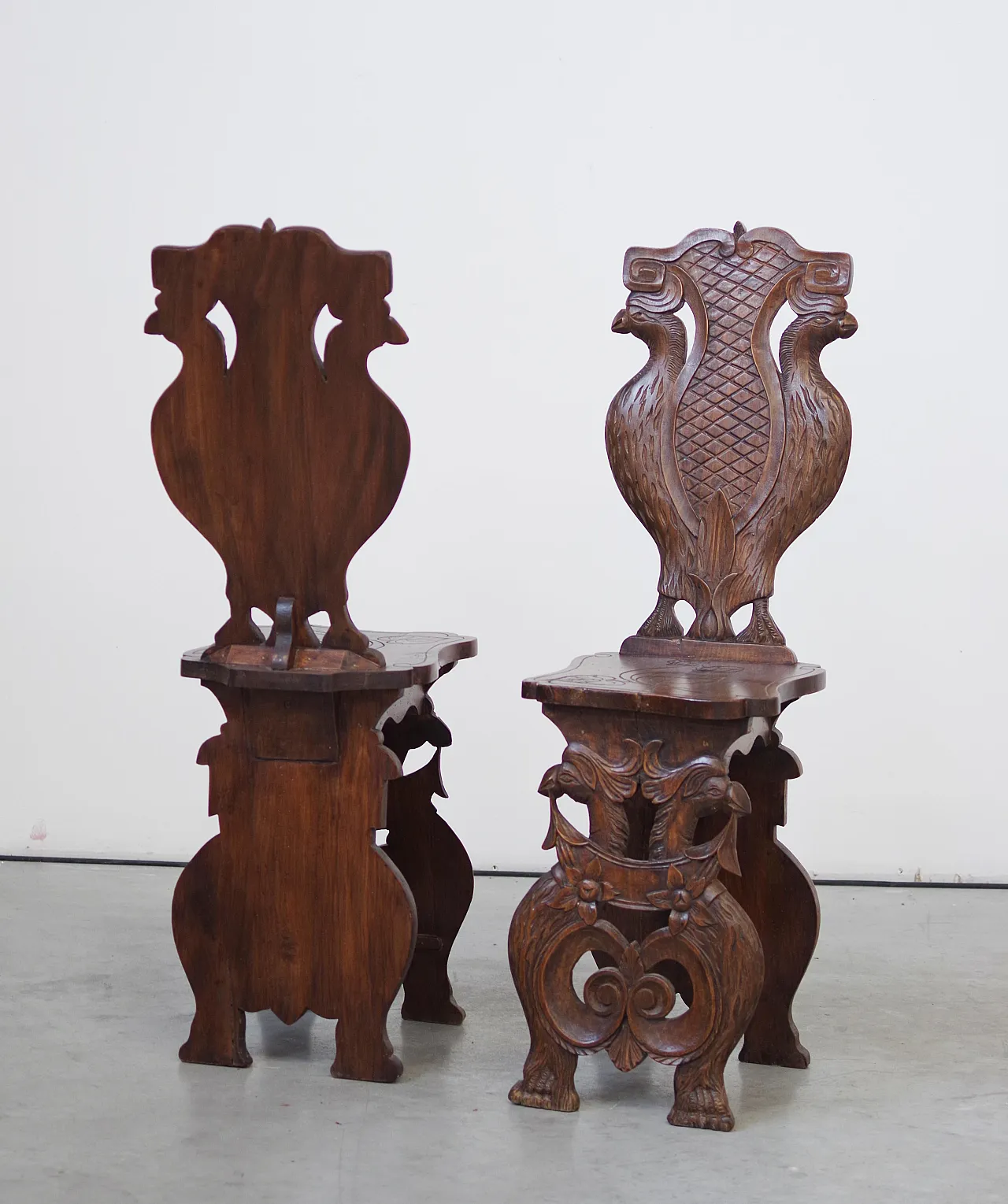 Pair of eclectic hand-carved wooden chairs, 19th Century 7