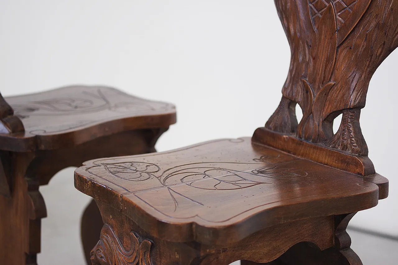 Pair of eclectic hand-carved wooden chairs, 19th Century 8