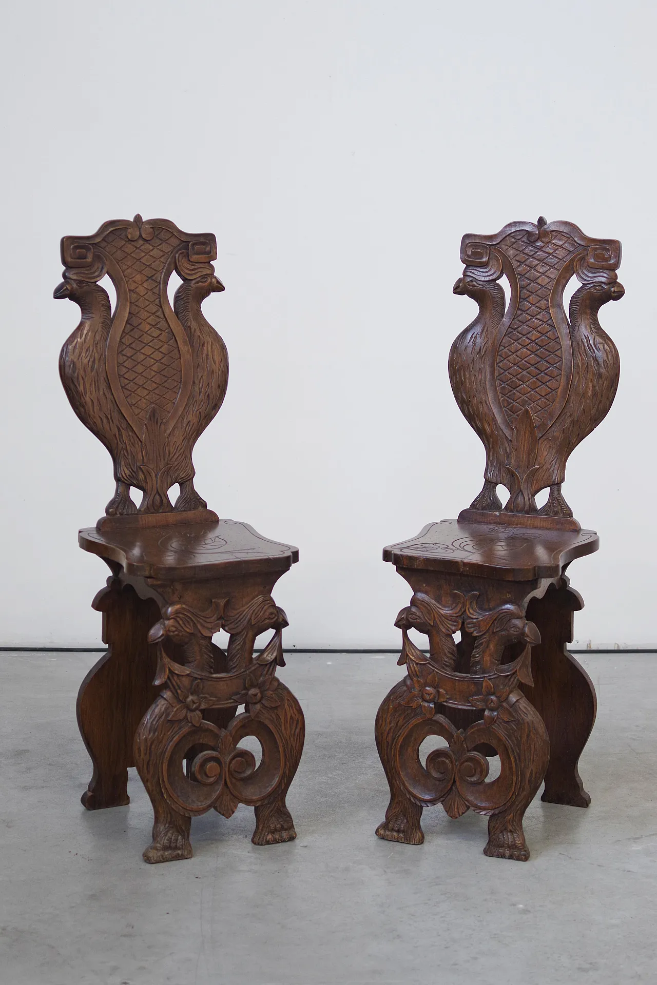 Pair of eclectic hand-carved wooden chairs, 19th Century 10