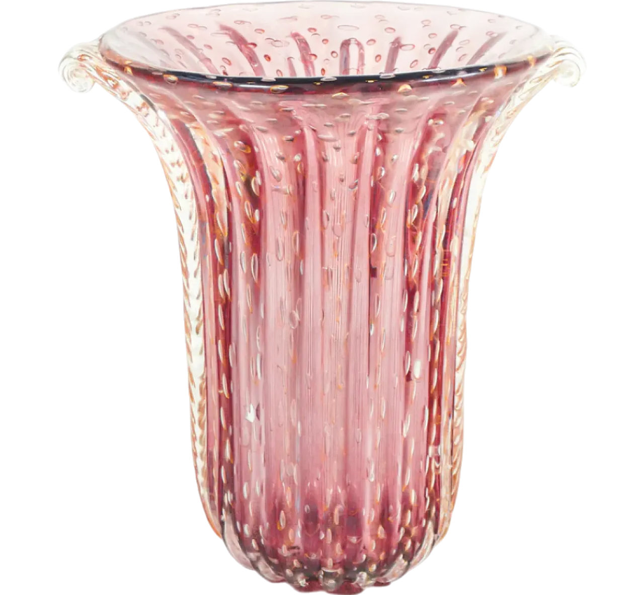 Vaso in vetro soffiato rosa di Murano di Toso, fine '900 9