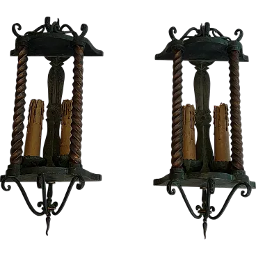 Pair of patinated wrought iron lanterns, 1940s