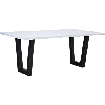 Handcrafted white lacquered brushed fir table with iron legs, 2020