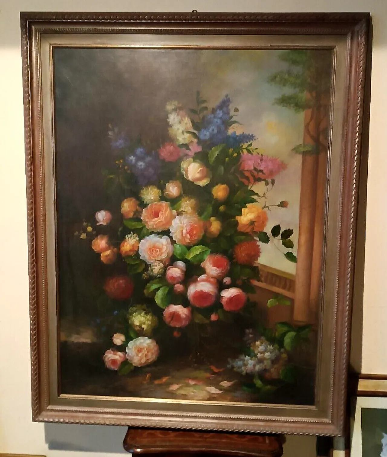 Flower painting, oil on canvas with gilt frame, 1970s 1