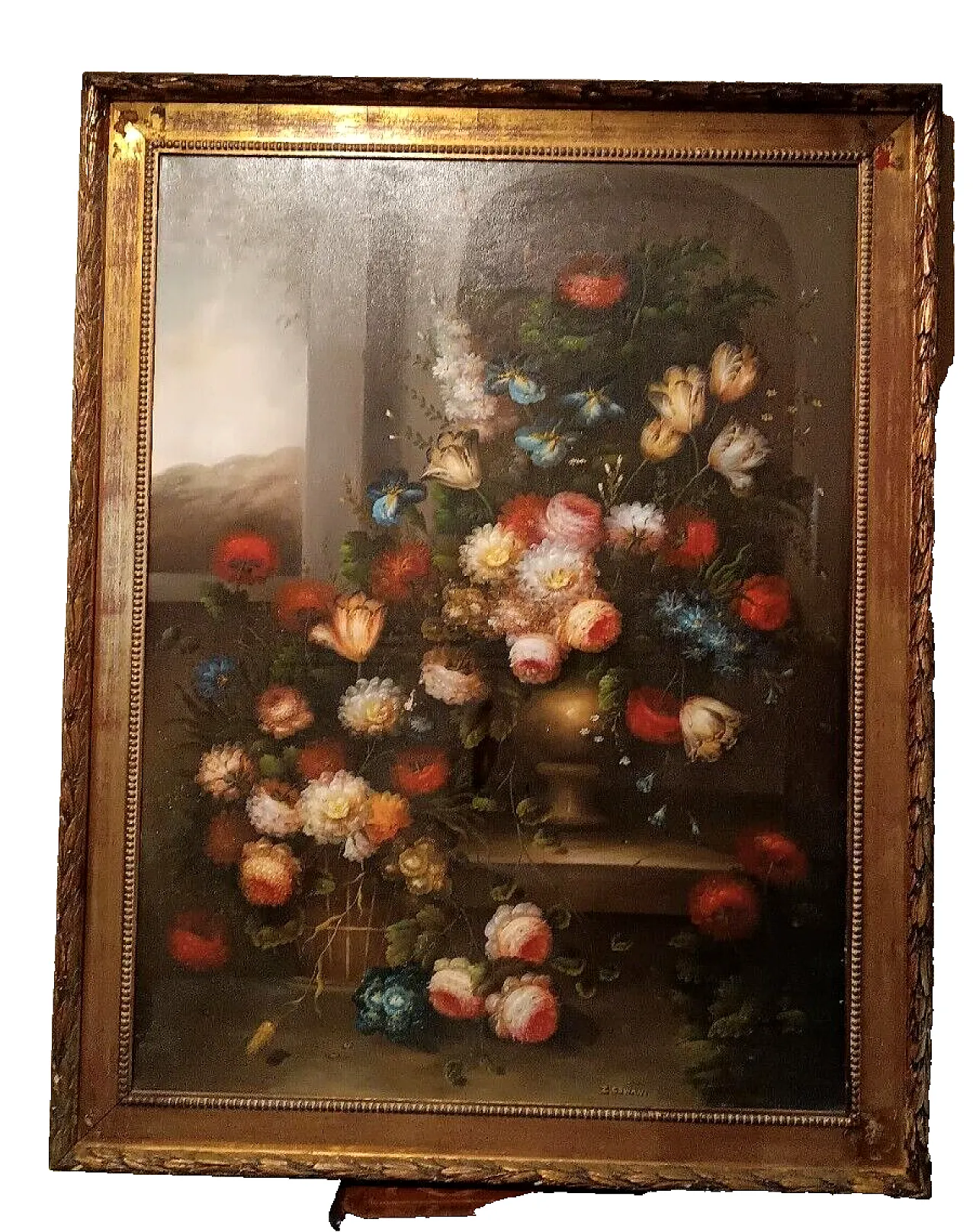 Flower painting, oil on canvas with gilt frame, 1950s 1