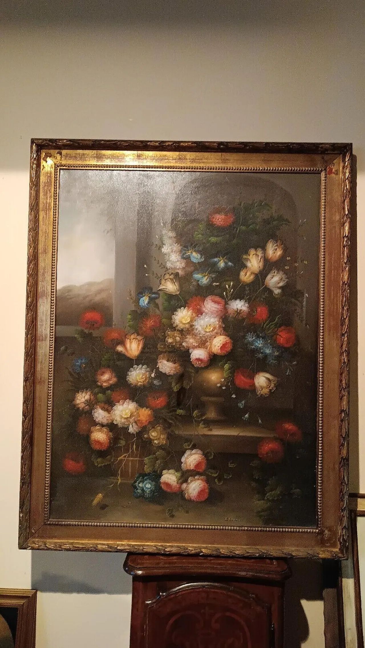 Flower painting, oil on canvas with gilt frame, 1950s 2