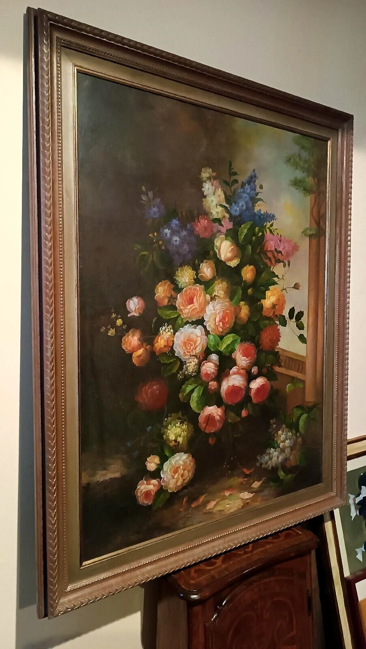 Flower painting, oil on canvas with gilt frame, 1970s 3